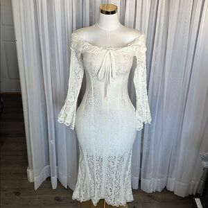 Off-Shoulder Mermaid Sheer White Lace Maxi Dress